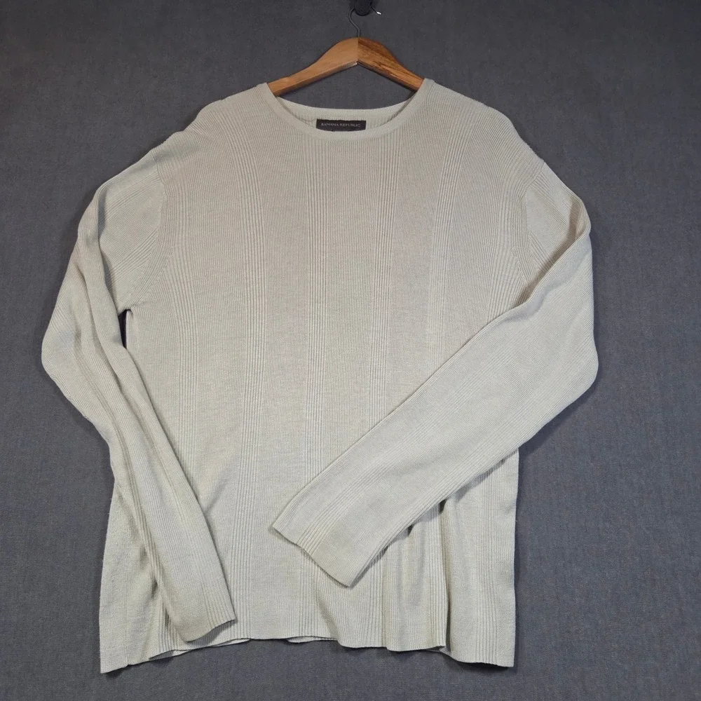 Banana Republic Sweater Mens L Beige Silk Cotton Blend Ribbed Knit Crew Neck